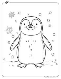 A smilling penguin standing in the snow coloring page