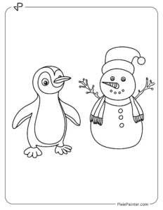 A penguin next to a snowman coloring page