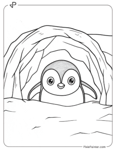 A penguin peeking out from a simple snow cave coloring page