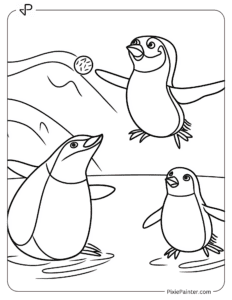 Penguin tossing a snowball at another penguin's coloring page