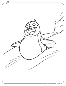 A penguin happily sliding down a snowy hill on its belly coloring page