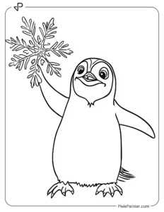 Penguin holding a big snowflake coloring page