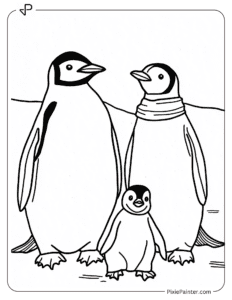 Penguin mom & dad standing beside their baby coloring page