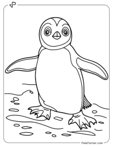 A penguin waddling through the snow with its flippers outstretched coloring page