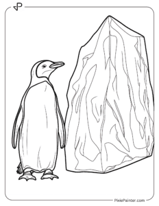 Penguin standing next to a large iceberg coloring page