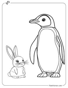 A penguin standing next to a small snow bunny coloring page