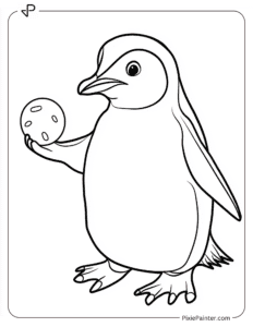 Penguin holding a snowball, getting ready to throw it coloring page