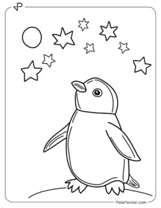 A penguin looking up at a clear night sky filled with stars coloring page