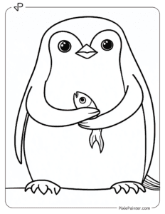 A penguin holding a fish coloring page