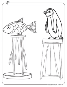 A penguin admiring a simple ice sculpture shaped like a fish coloring page