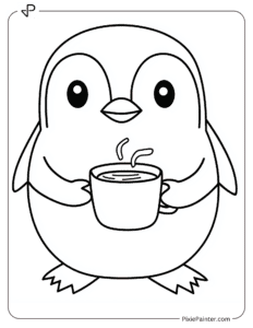 A penguin holding a cup of hot chocolate coloring page