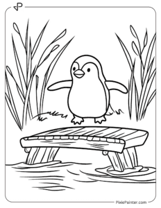 A penguin crossing a small bridge coloring page