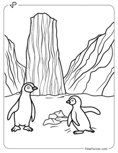 Penguins playing near a towering iceberg coloring page