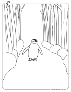 A penguin walking along a path, with tall snowbanks on either side coloring page