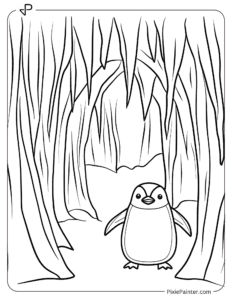 A penguin exploring an ice cave coloring page