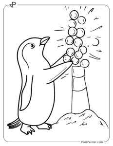 A penguin building a snowball tower coloring page