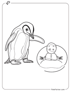 Penguin rolling a snowball to build a snowman coloring page