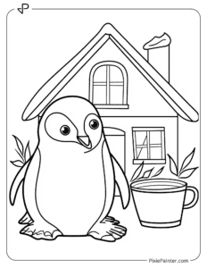 A penguin taking rest beside a house coloring page