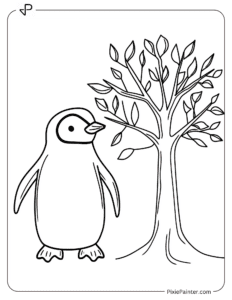 Penguin standing beside a snowy tree coloring page