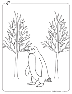 A penguin walking by a forest coloring page