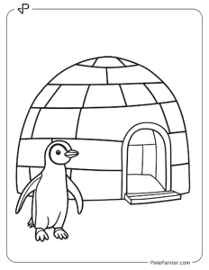 A penguin walking toward an igloo coloring page