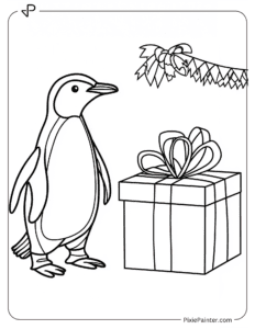 A penguin standing next to a wrapped gift coloring page