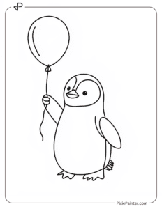 A penguin holding a balloon coloring page