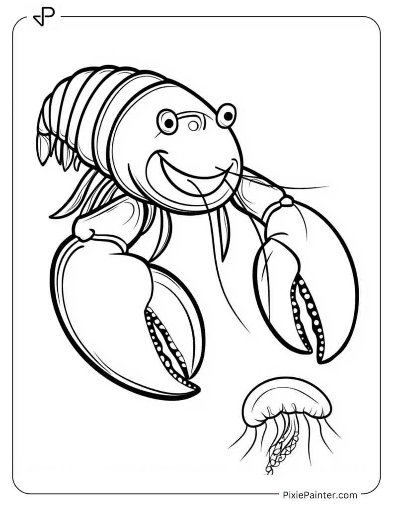 A Smilling Lobster Looking at a Small Jellyfish