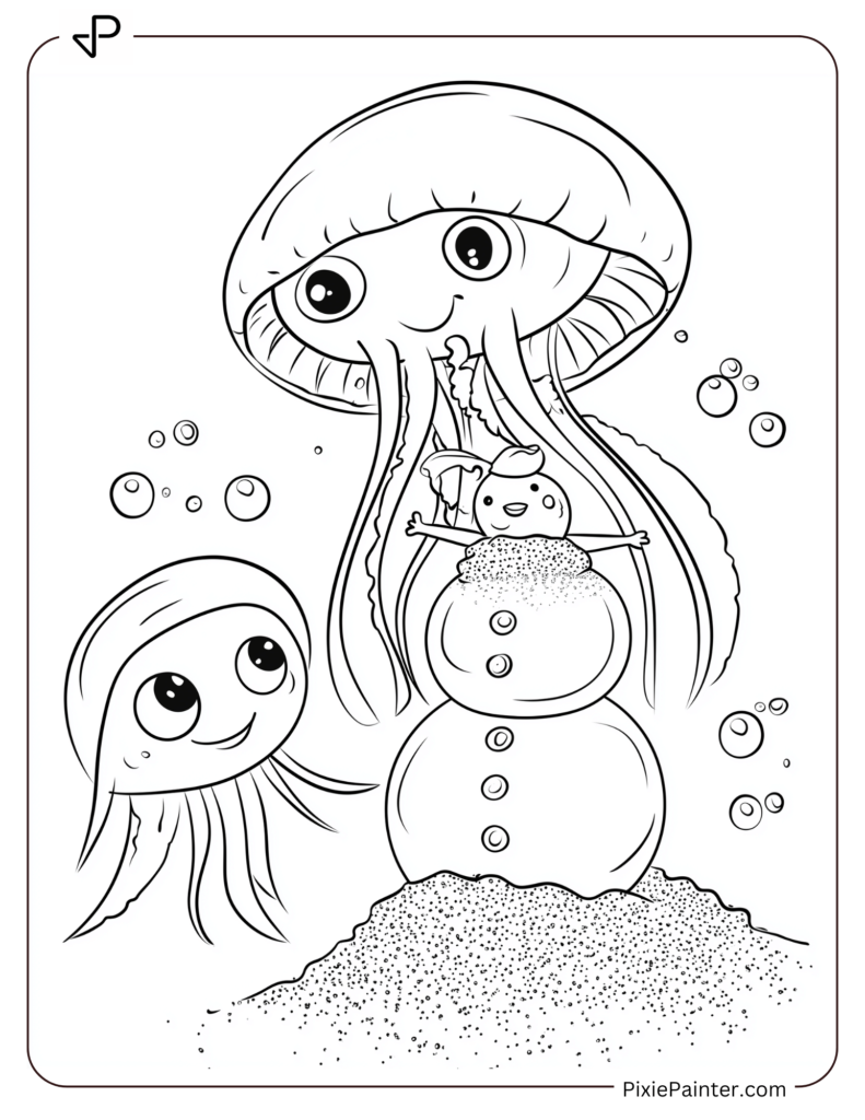 Cute jellyfish building a snowman out of sand.