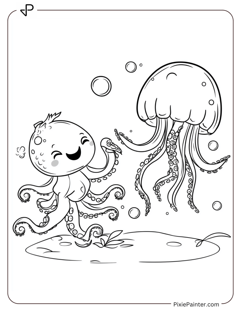 Cute jellyfish dancing with a happy octopus.