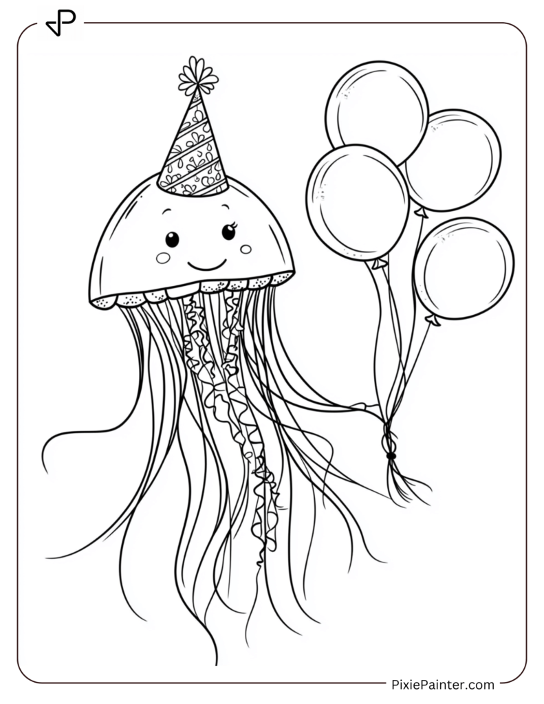 Cute jellyfish holding a balloon and smiling.