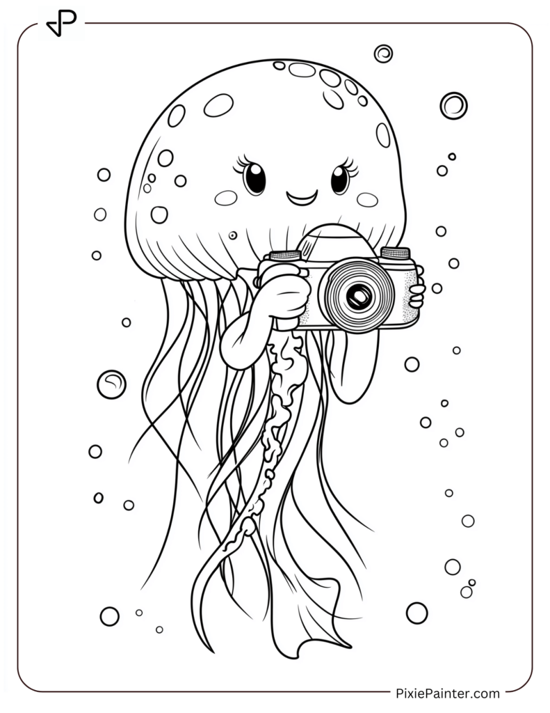 Cute jellyfish holding a camera and taking pictures underwater.