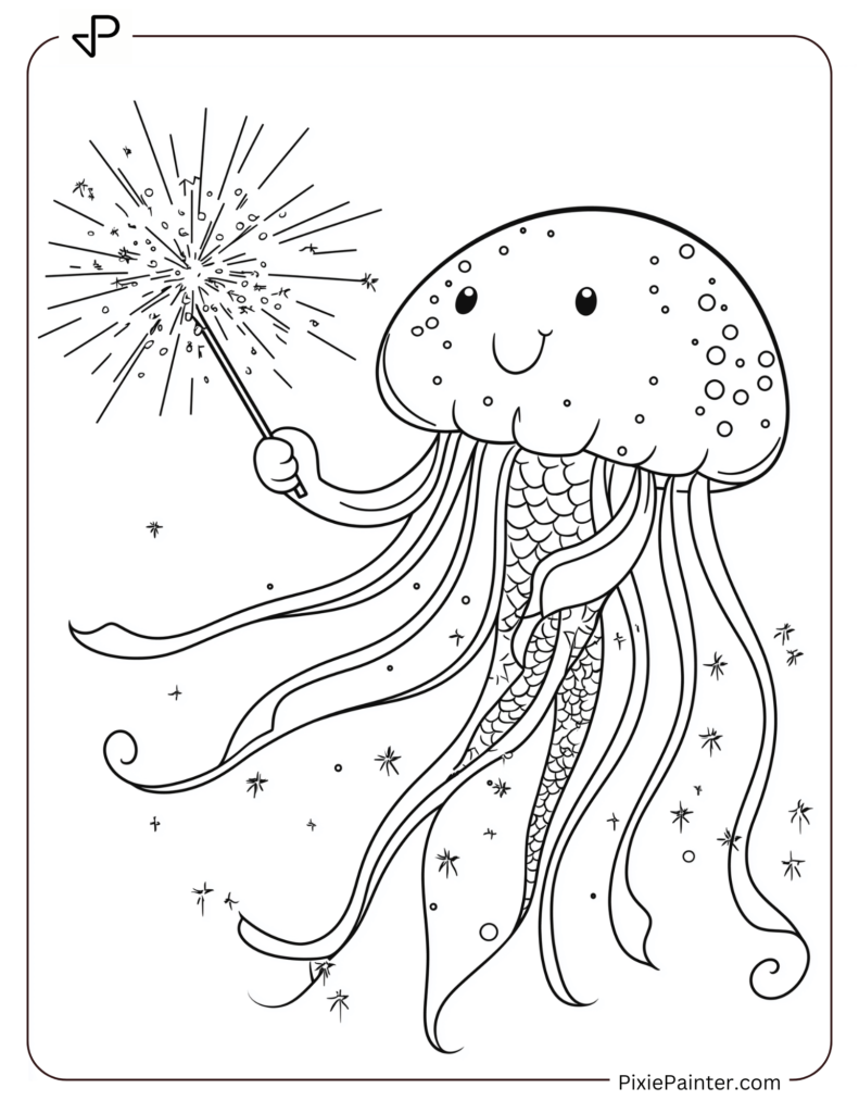 Cute jellyfish holding a magic wand and creating sparkles.