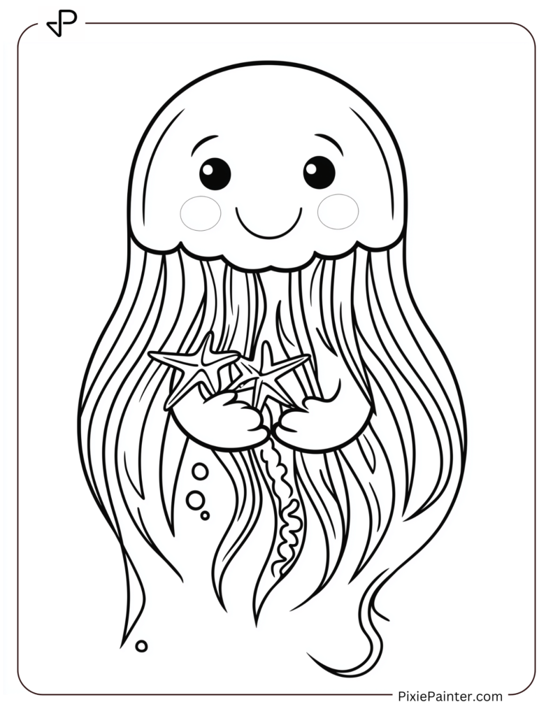 Cute jellyfish holding a starfish and smiling.