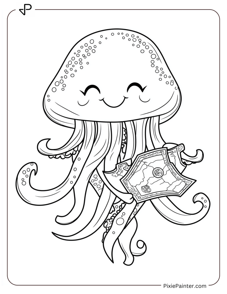 Cute jellyfish holding a treasure map and smiling.