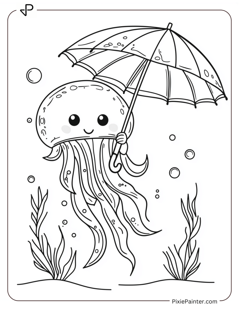 Cute jellyfish holding an umbrella underwater.