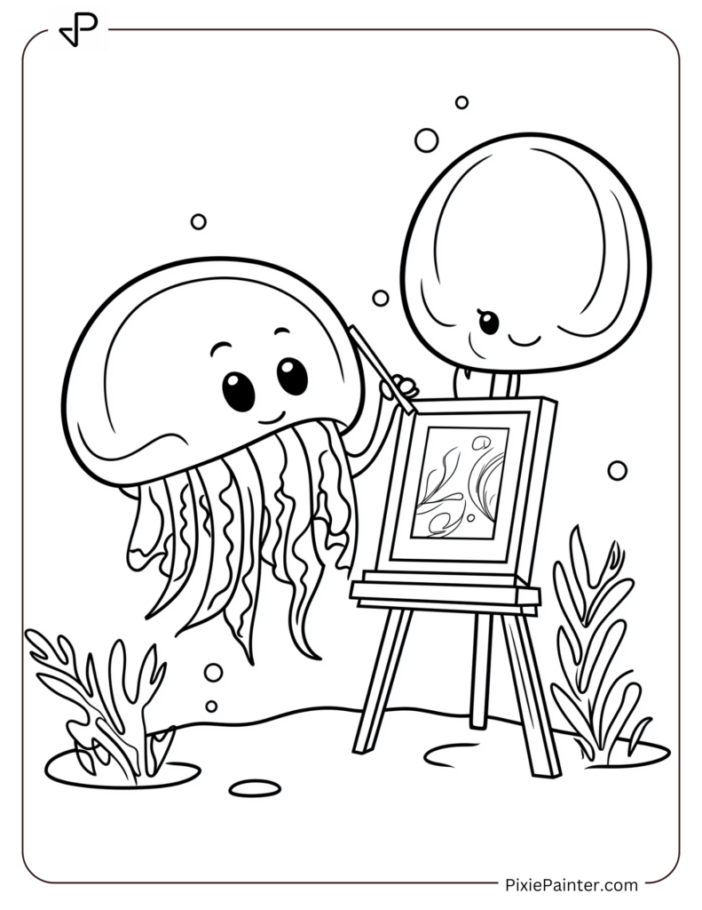 Cute jellyfish painting a picture on an underwater easel.