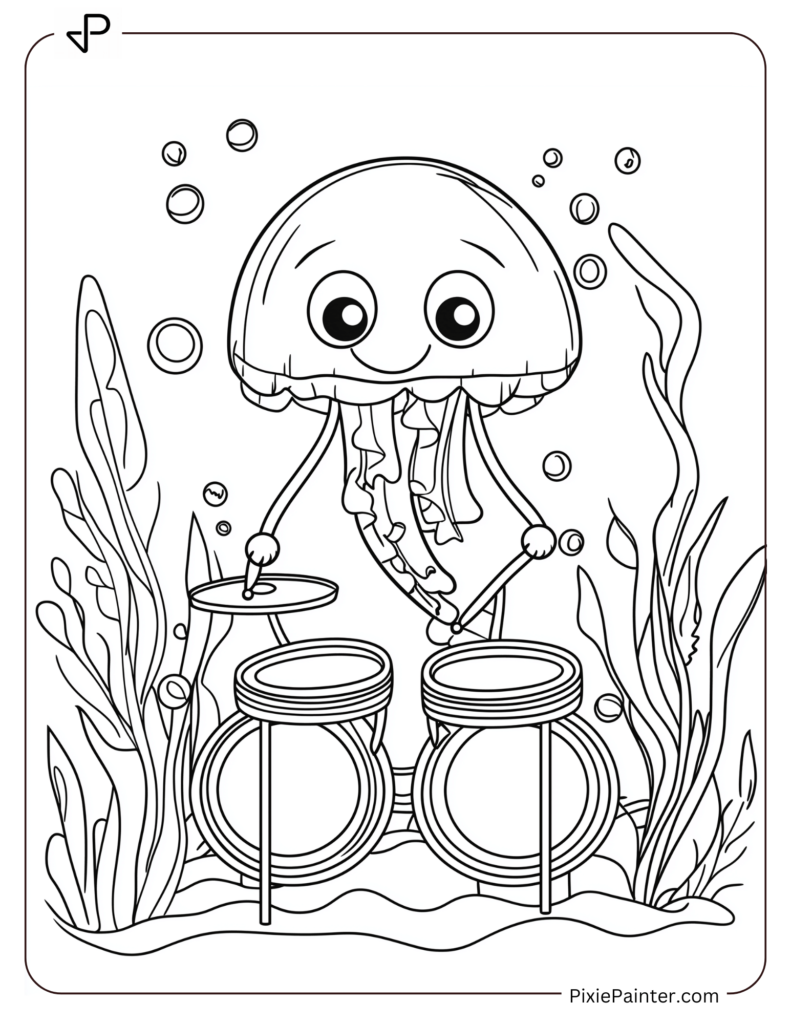 Cute jellyfish playing the drums underwater.