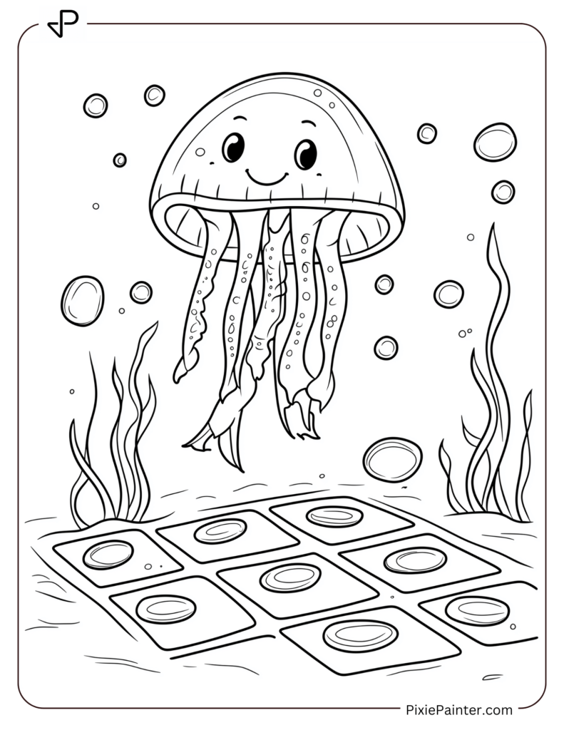 Cute jellyfish playing hopscotch underwater with sea stones.