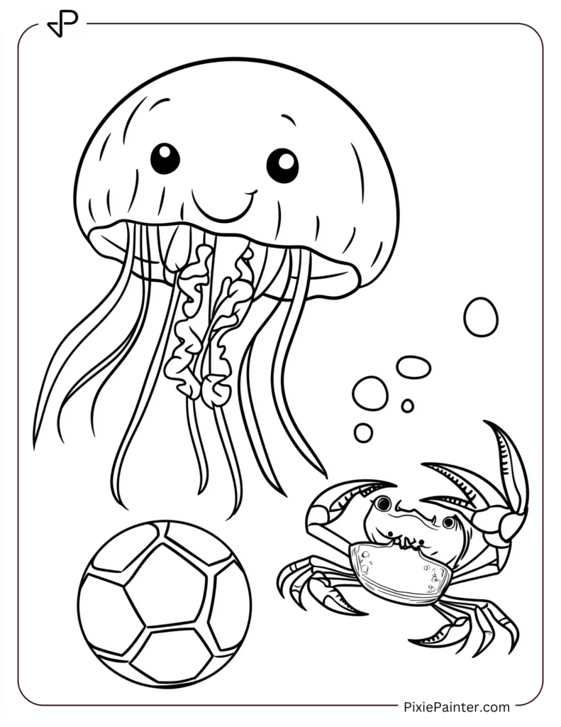 A cute cartoon jellyfish playing soccer with a crab.