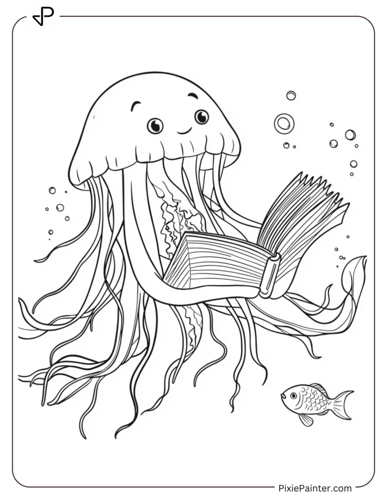 Cute jellyfish reading a book under the sea.