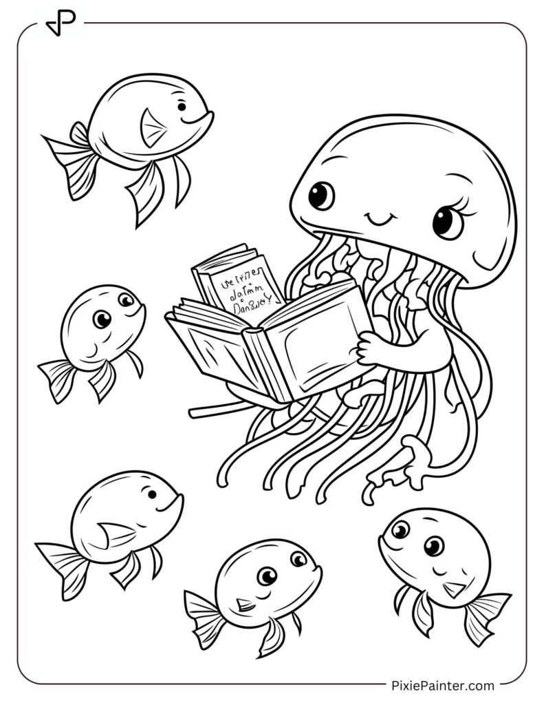 Cute jellyfish reading bedtime stories to baby fish.