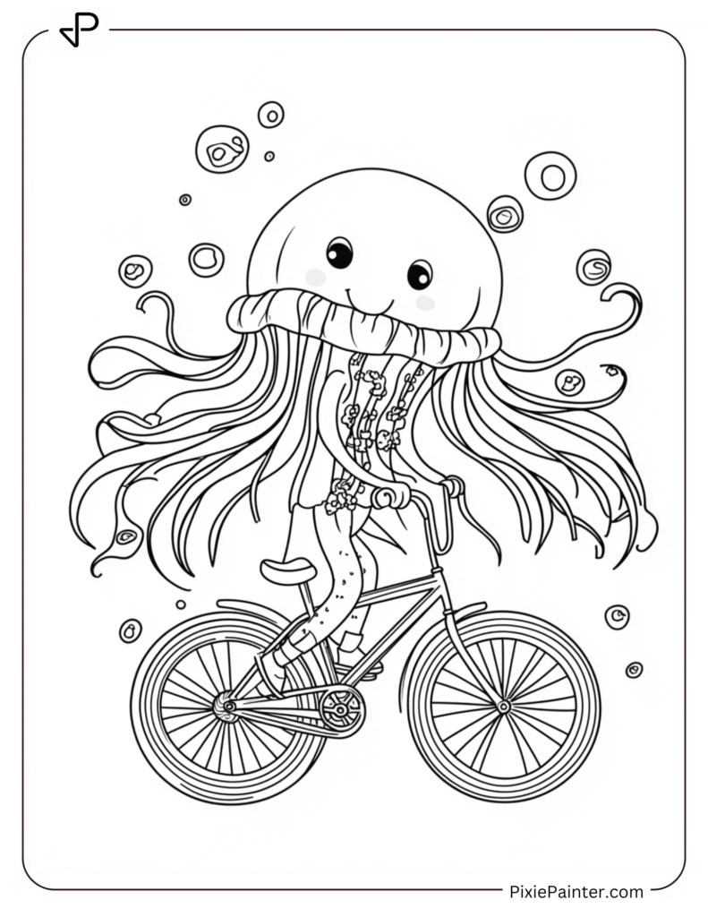 Cute jellyfish riding a bicycle underwater.