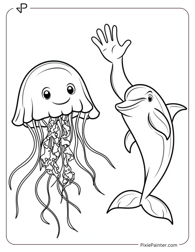 Cute jellyfish waving at a friendly dolphin.