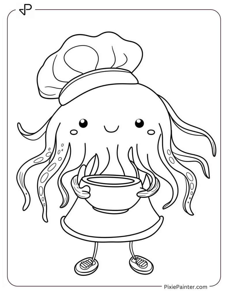 Cute jellyfish wearing a chef's hat holding a mixing bowl.