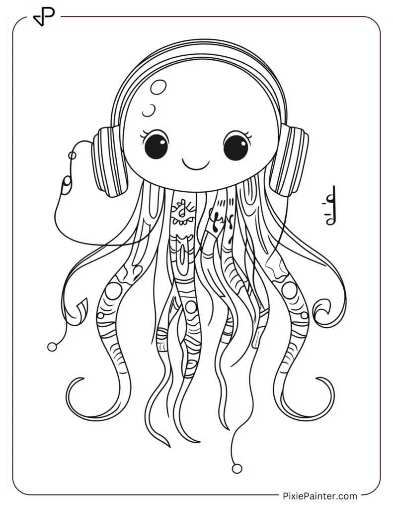 Cute jellyfish wearing headphones and listening to music.