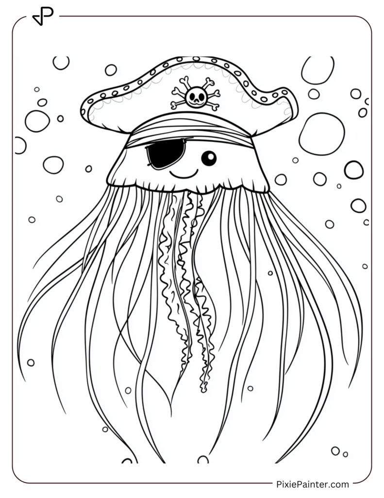 Cute jellyfish wearing a pirate hat and eyepatch.