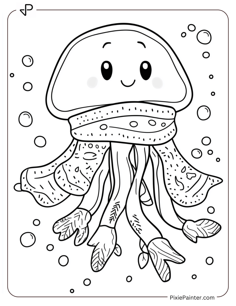 Cute jellyfish wearing a scarf and mittens underwater.