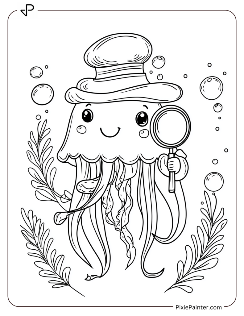 A cute cartoon jellyfish wearing a detective hat and magnifying glass, solving a mystery underwater.