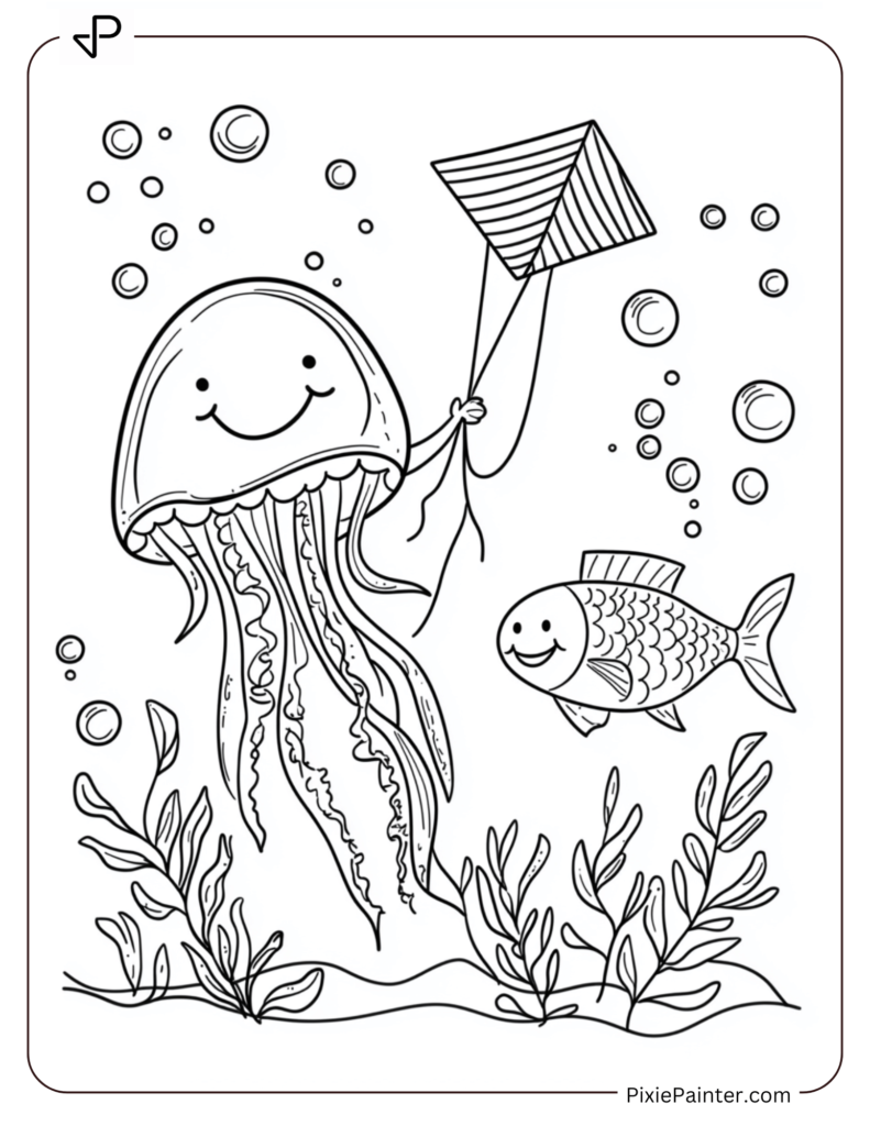 A jellyfish with a smile flying a kite underwater with a smiling fish.